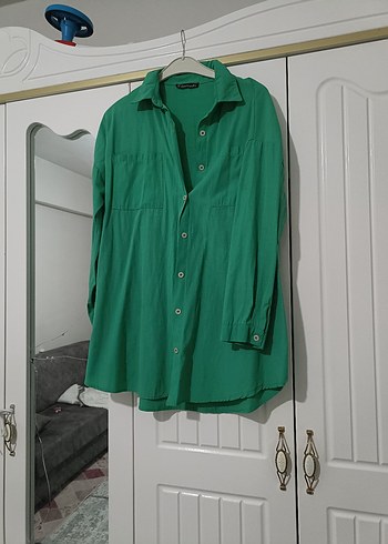 Düğmeli Yeşil Kadın Keten Gömlek - Görsel 3
