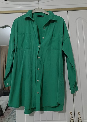 Düğmeli Yeşil Kadın Keten Gömlek - Görsel 2