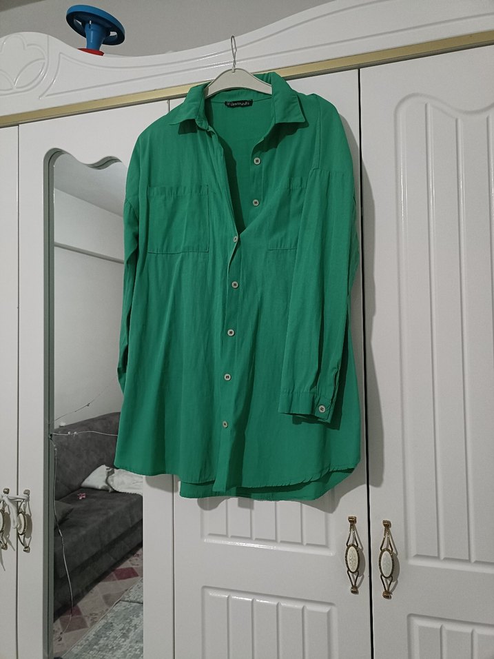 Düğmeli Yeşil Kadın Keten Gömlek - Görsel 3