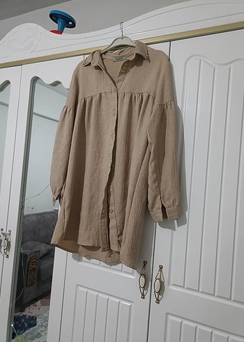 Bej Keten Mini Gömlek, Bol Kesim, Uzun Kollu - Görsel 2