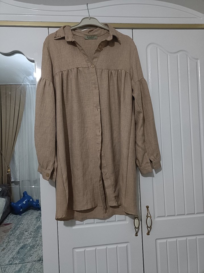 Bej Keten Mini Gömlek, Bol Kesim, Uzun Kollu - Görsel 3