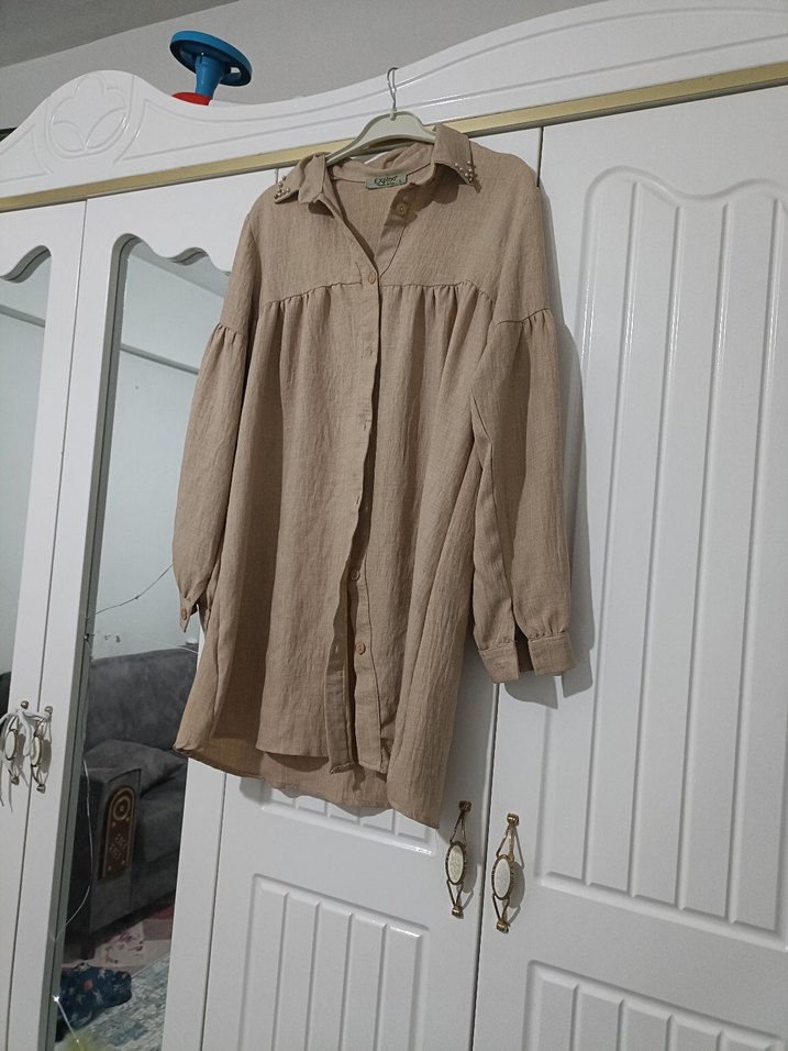 Bej Keten Mini Gömlek, Bol Kesim, Uzun Kollu - Görsel 2