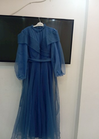 Kadın Mavi Uzun Drapeli Abiye Elbise - Görsel 6