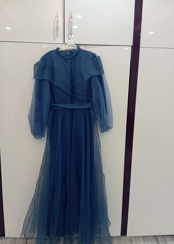 Kadın Mavi Uzun Drapeli Abiye Elbise - Görsel 3