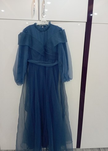 Kadın Mavi Uzun Drapeli Abiye Elbise - Görsel 4