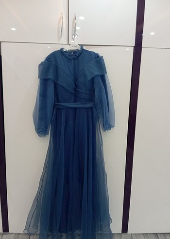 Kadın Mavi Uzun Drapeli Abiye Elbise - Görsel 2