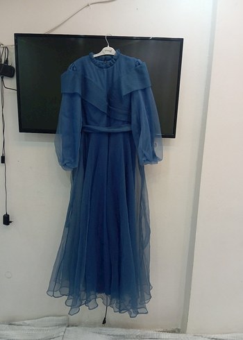 Kadın Mavi Uzun Drapeli Abiye Elbise - Görsel 5