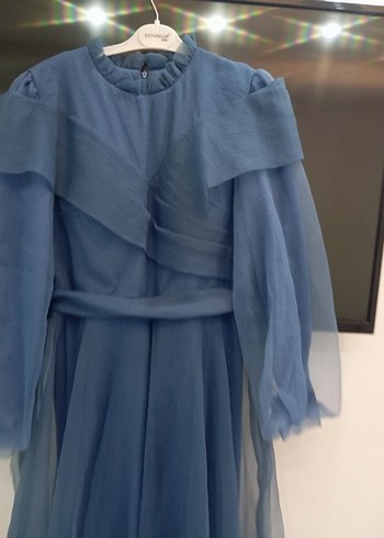 Kadın Mavi Uzun Drapeli Abiye Elbise - Görsel 8