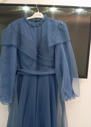 Kadın Mavi Uzun Drapeli Abiye Elbise - Görsel 7