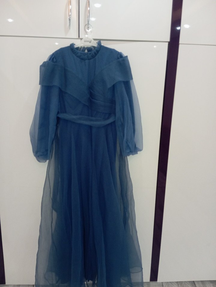 Kadın Mavi Uzun Drapeli Abiye Elbise - Görsel 4