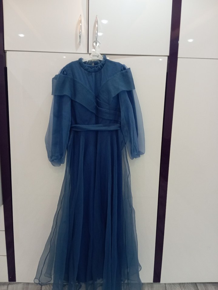 Kadın Mavi Uzun Drapeli Abiye Elbise - Görsel 2