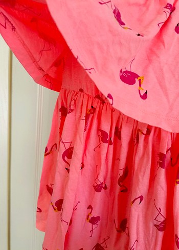 5-6 yaş Kız Çocuk Pembe Flamingo Desenli Askılı Elbise - Görsel 3