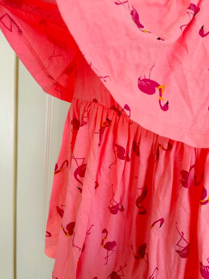 5-6 yaş Kız Çocuk Pembe Flamingo Desenli Askılı Elbise - Görsel 3