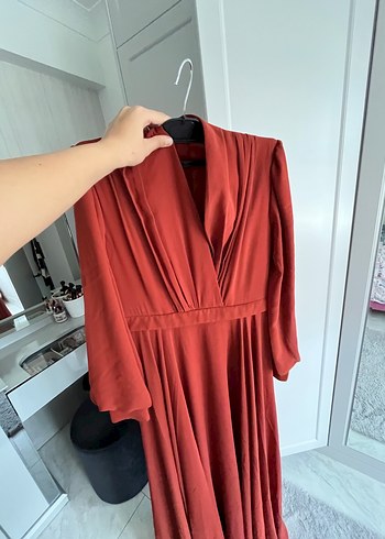 Kiremit rengi Uzun Kollu Drapeli Uzun Elbise - Görsel 3