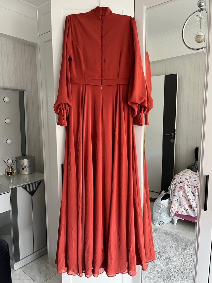 Kiremit rengi Uzun Kollu Drapeli Uzun Elbise - Görsel 2