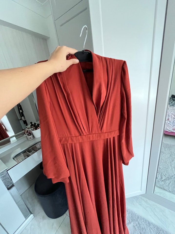 Kiremit rengi Uzun Kollu Drapeli Uzun Elbise - Görsel 3