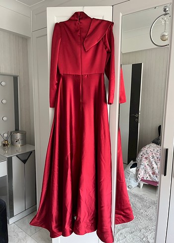Kırmızı Uzun Kollu Drapeli Abiye Elbise - Görsel 3
