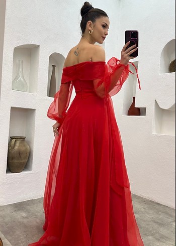 Uzun Kırmızı Drapeli Kadın Abiye Elbise - Görsel 2