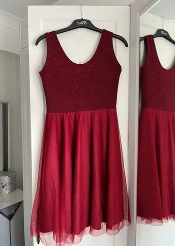 İnci Detaylı Bordo Midi Abiye Elbise - Görsel 2