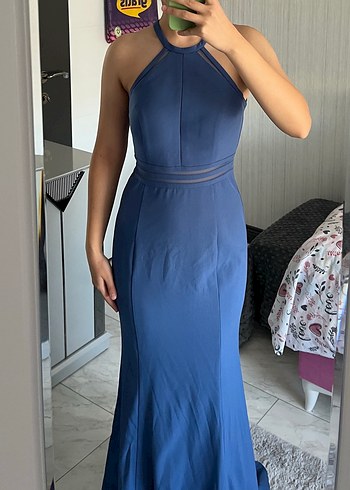 Mavi Uzun Drapeli Yüksek Yakalı Kadın Abiye Elbise - Görsel 3