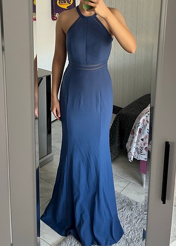 Mavi Uzun Drapeli Yüksek Yakalı Kadın Abiye Elbise - Görsel 2