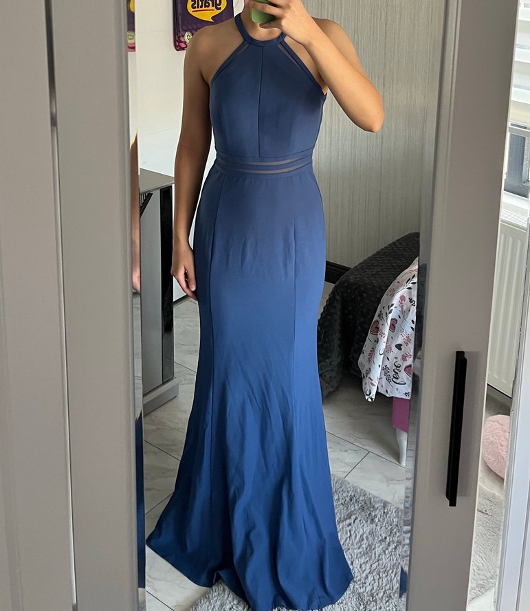 Mavi Uzun Drapeli Yüksek Yakalı Kadın Abiye Elbise - Görsel 2