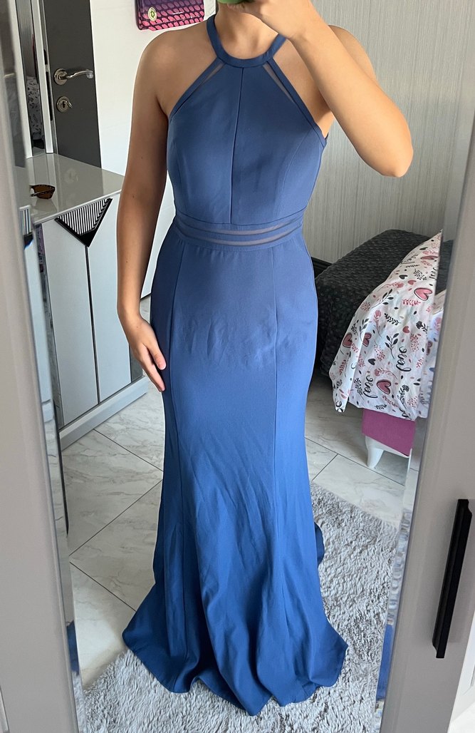 Mavi Uzun Drapeli Yüksek Yakalı Kadın Abiye Elbise - Görsel 4