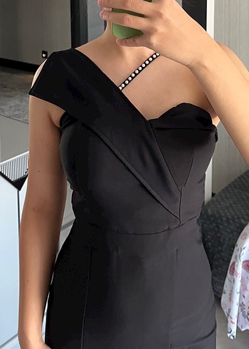 Tek Omuzlu Siyah Uzun Abiye Elbise - Görsel 4