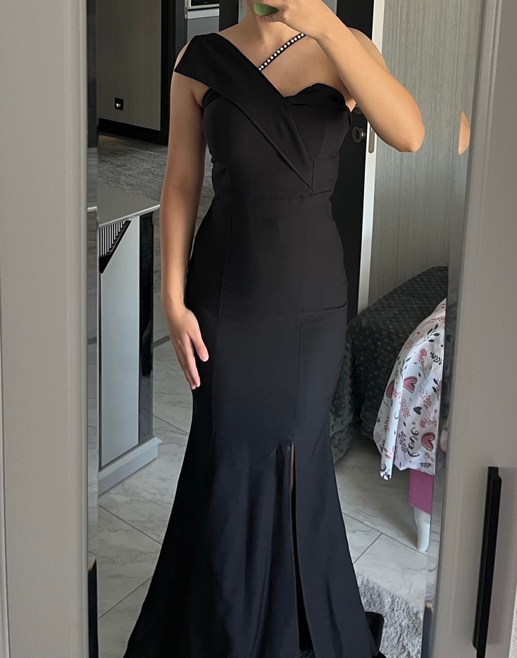 Tek Omuzlu Siyah Uzun Abiye Elbise - Görsel 3