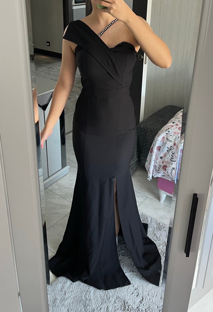 Tek Omuzlu Siyah Uzun Abiye Elbise - Görsel 2