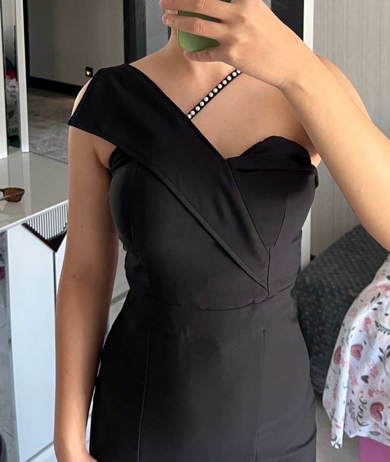 Tek Omuzlu Siyah Uzun Abiye Elbise - Görsel 4