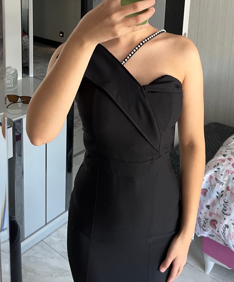 Tek Omuzlu Siyah Uzun Abiye Elbise - Görsel 5