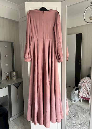 Pembe Uzun Kollu Drapeli Abiye Elbise - Görsel 2