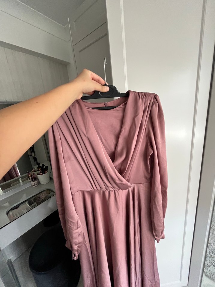 Pembe Uzun Kollu Drapeli Abiye Elbise - Görsel 3