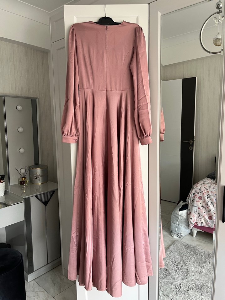 Pembe Uzun Kollu Drapeli Abiye Elbise - Görsel 2