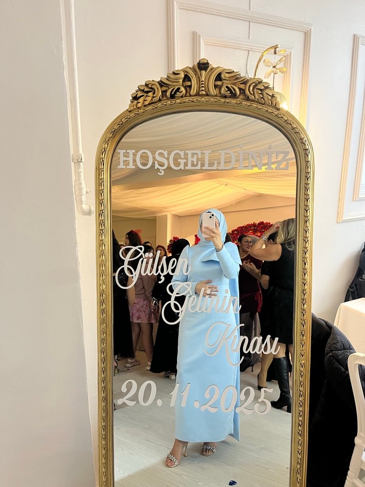 Kadın Mavi Uzun taşlı fiyonk detaylı abiye elbise - Görsel 2