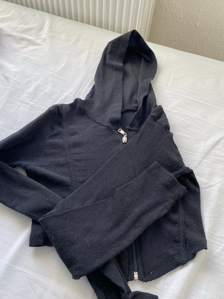 Siyah Kapüşonlu Fermuarlı spor ceket - Görsel 2