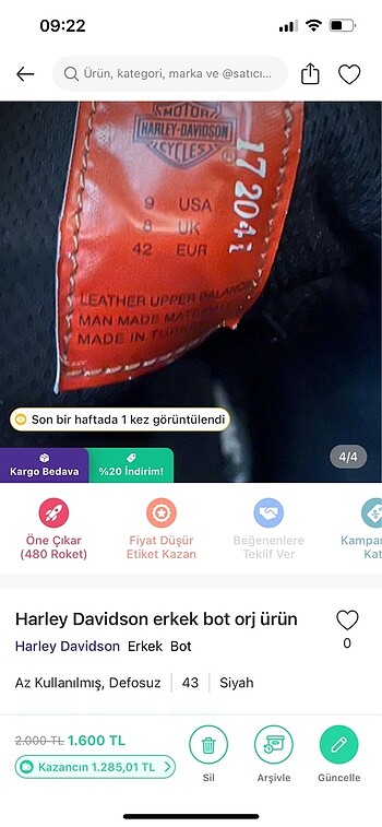 Harley Davidson Erkek bot orjinal