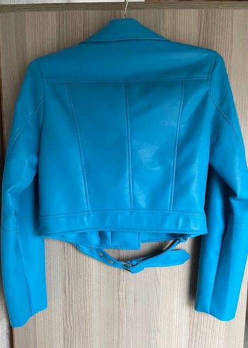 Stradivarius Mavi Deri Kemerli Biker Ceket - Görsel 5