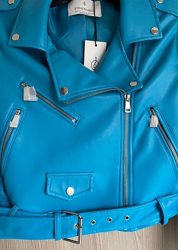 Stradivarius Mavi Deri Kemerli Biker Ceket - Görsel 4