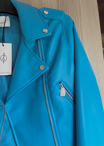 Stradivarius Mavi Deri Kemerli Biker Ceket - Görsel 3