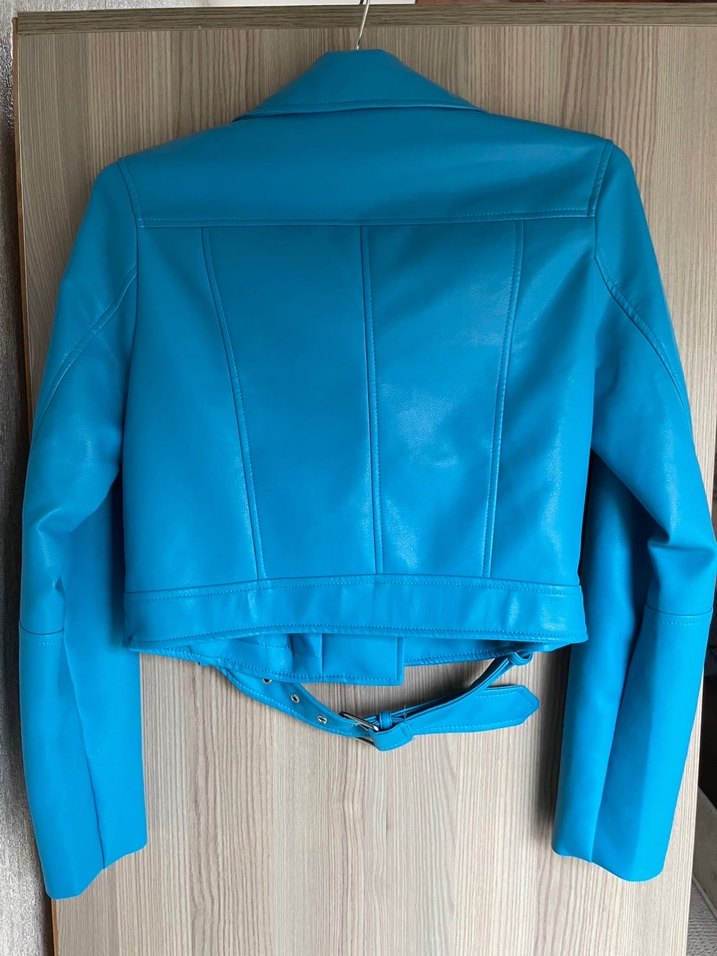 Stradivarius Mavi Deri Kemerli Biker Ceket - Görsel 5