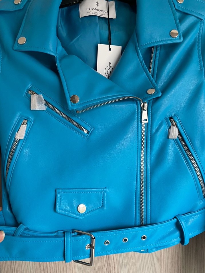 Stradivarius Mavi Deri Kemerli Biker Ceket - Görsel 4