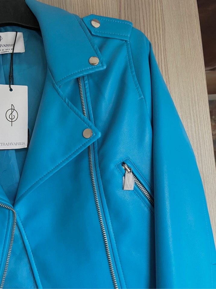 Stradivarius Mavi Deri Kemerli Biker Ceket - Görsel 3