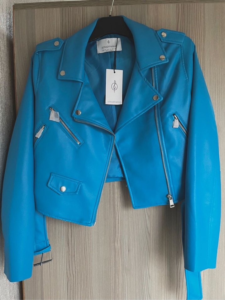 Stradivarius Mavi Deri Kemerli Biker Ceket - Görsel 2