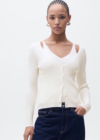 Mango ekru V Yaka Düğmeli triko Kadın Hırka - Görsel 2