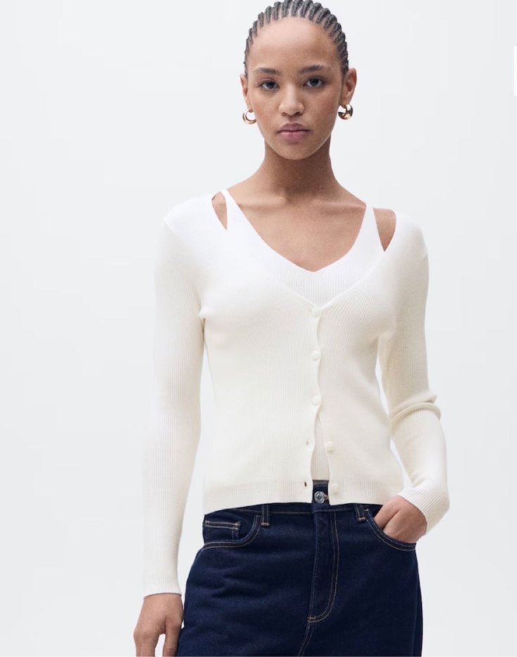 Mango ekru V Yaka Düğmeli triko Kadın Hırka - Görsel 2