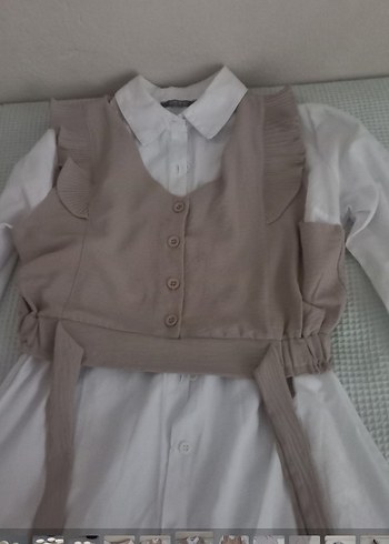 Bej Kız Keten Bluz, Gömlek Yaka, Düğmeli - Görsel 2