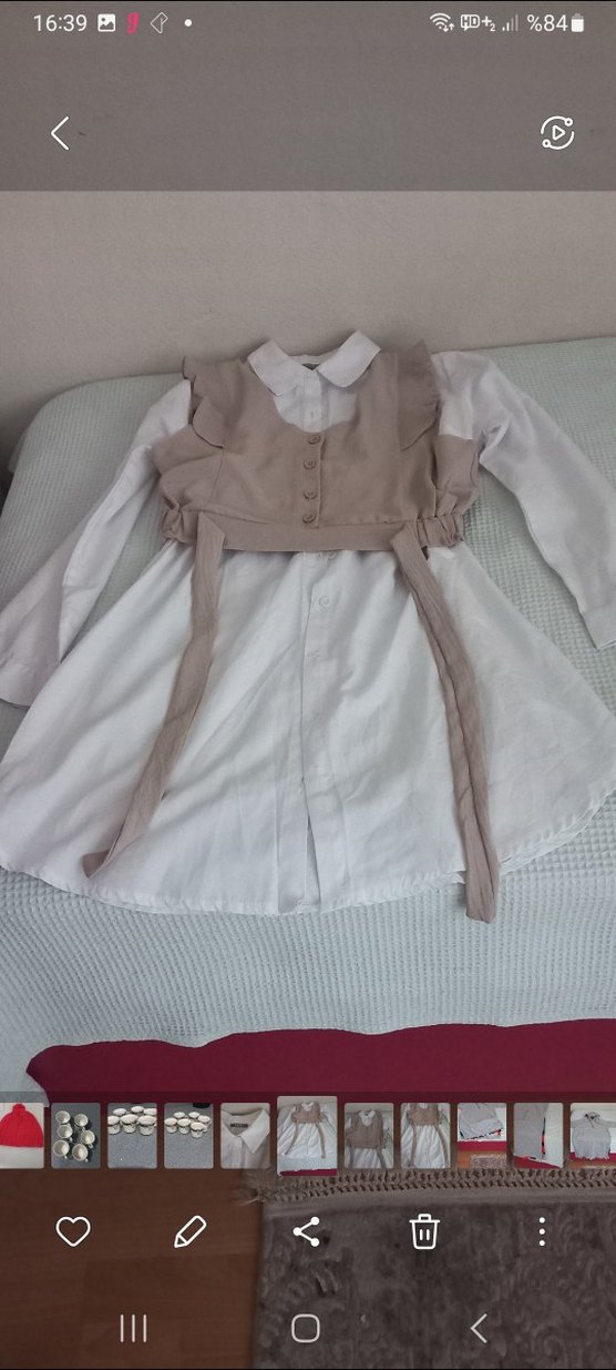 Bej Kız Keten Bluz, Gömlek Yaka, Düğmeli - Görsel 3