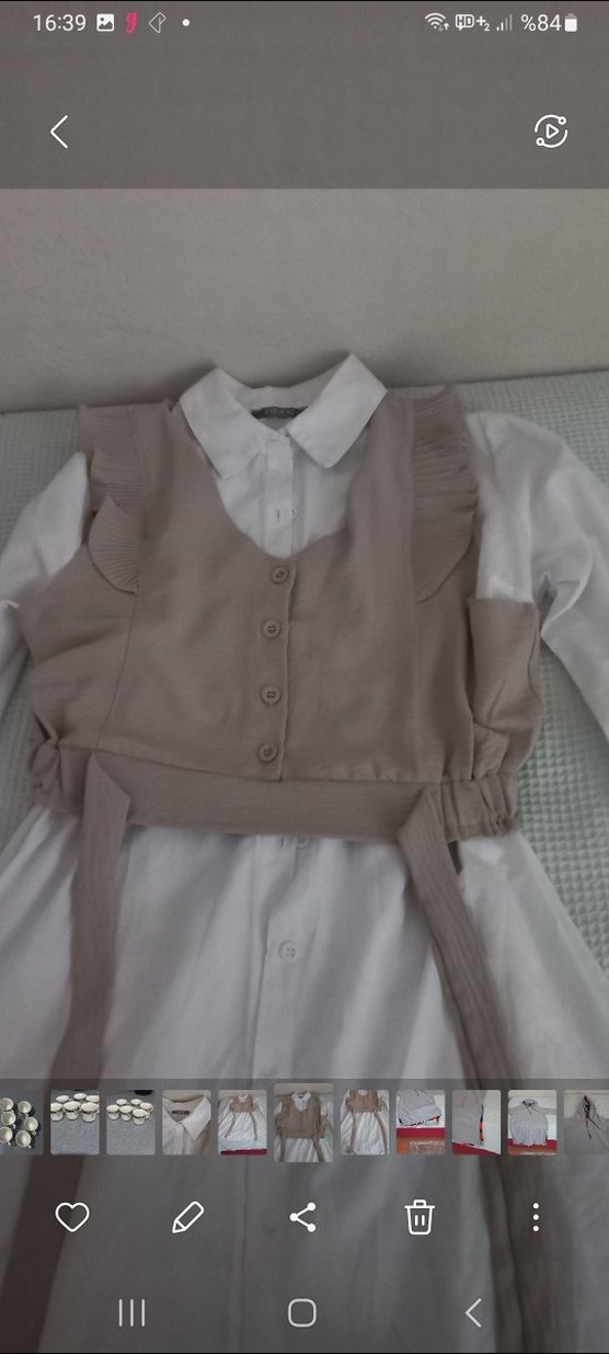 Bej Kız Keten Bluz, Gömlek Yaka, Düğmeli - Görsel 2